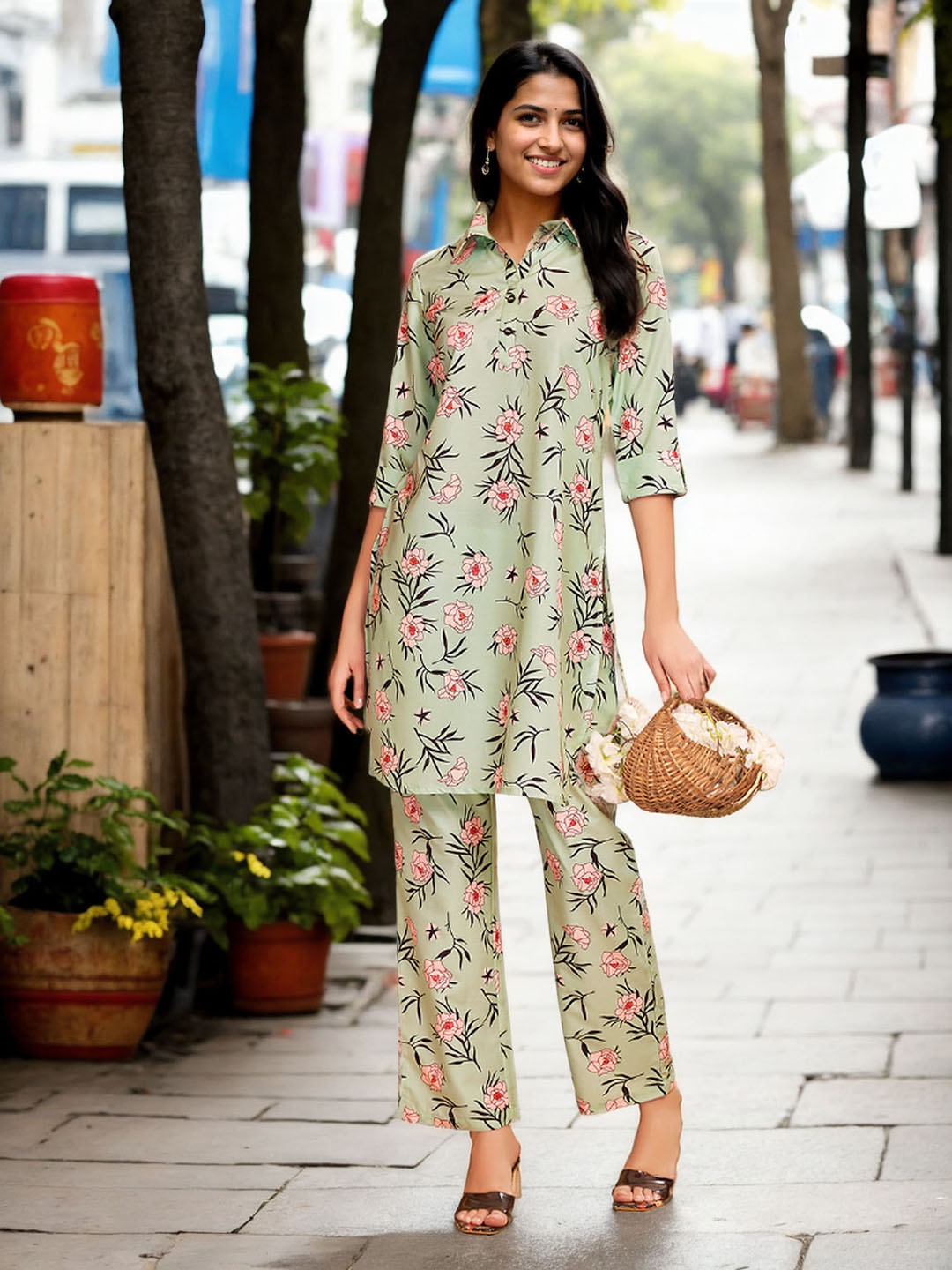 

Moda Rapido Women Floral Printed Regular Kurti with Trousers, Green