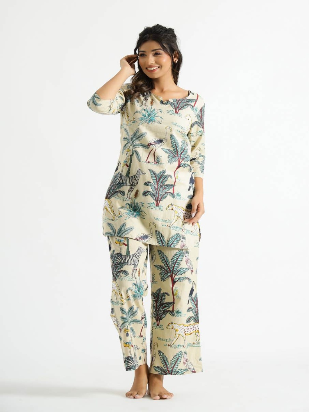 

FLAVIA CREATION Printed Round Neck Pure Cotton Tunic With Palazzos, Off white