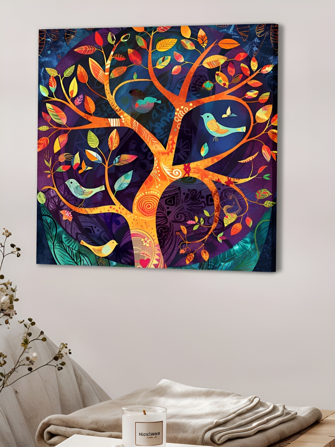 

Myntra Elegant Homes Yellow & Blue Birds In a Tree Abstract Printed Canvas Wall Art