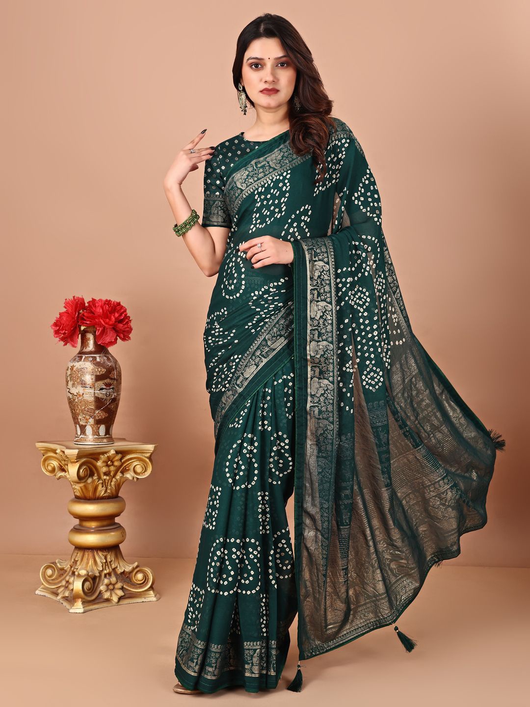 

DIVASTRI Bandhani Poly Chiffon Designer Bandhani Saree, Green