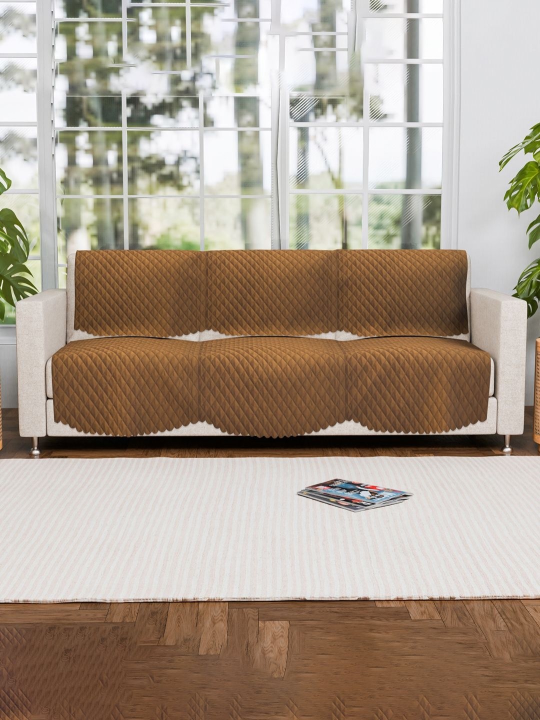 

Aura 6 Pieces Brown Geometric Printed Velvet Sofa Covers 3 Seater