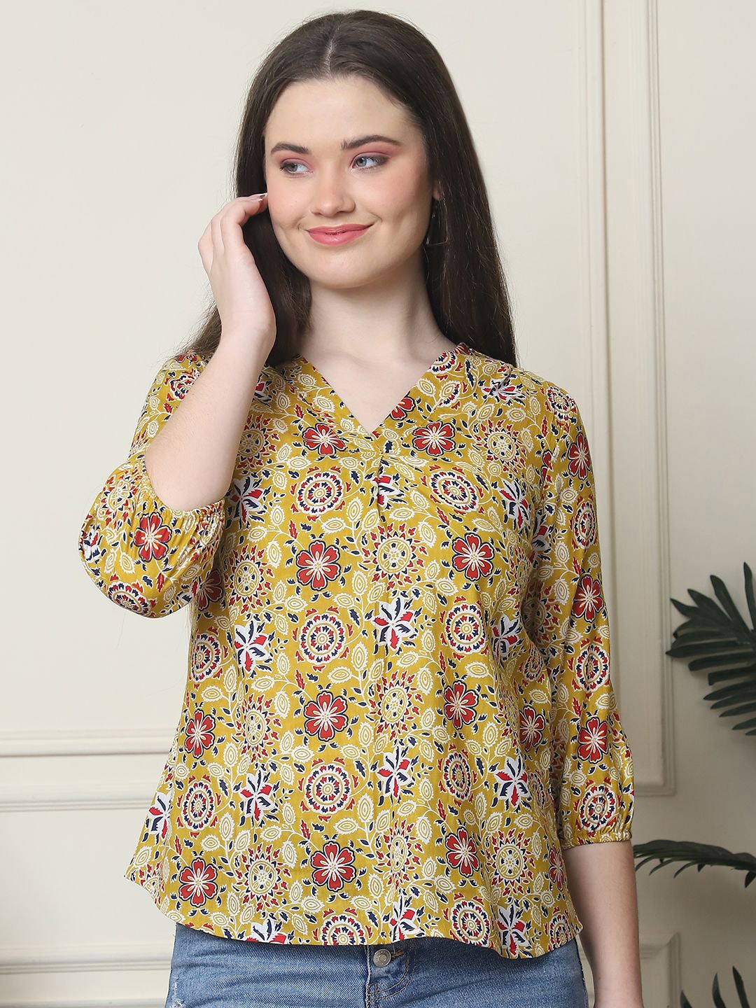 

Frempy Floral Print Ethnic Organic Cotton Top, Mustard