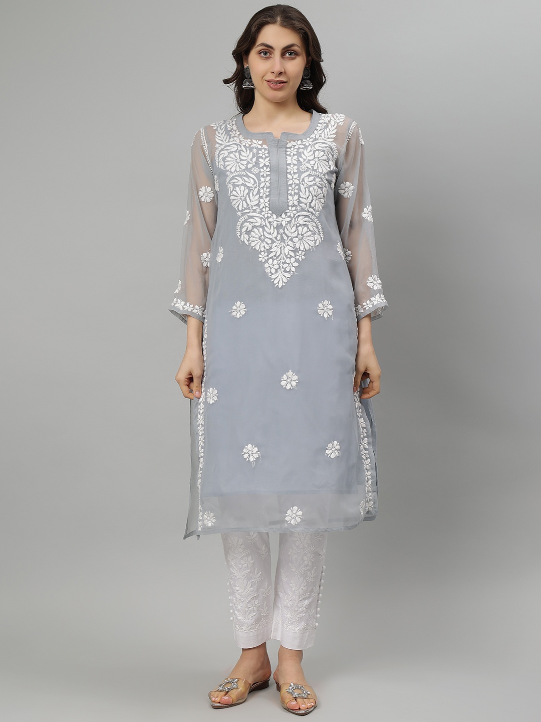 

Seva Chikan Floral Embroidered Notch Neck Lucknowi Chikankari Straight Kurta, Grey