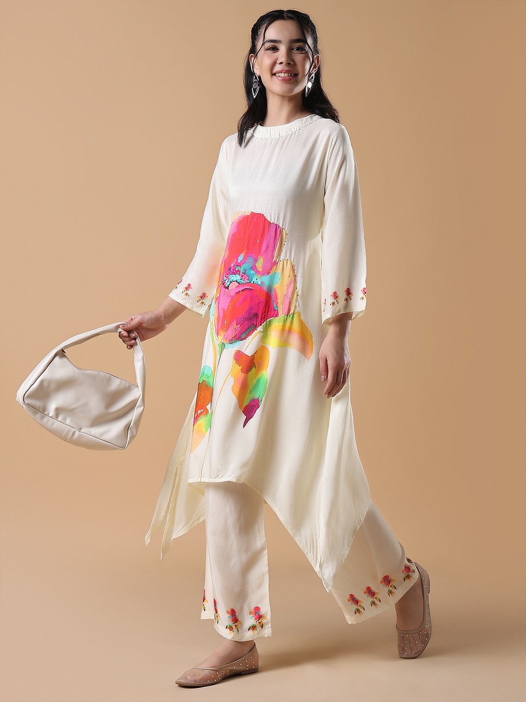 

SHOWOFF Women Floral Printed Regular Sequinned Silk Crepe Kurta with Trousers, Cream