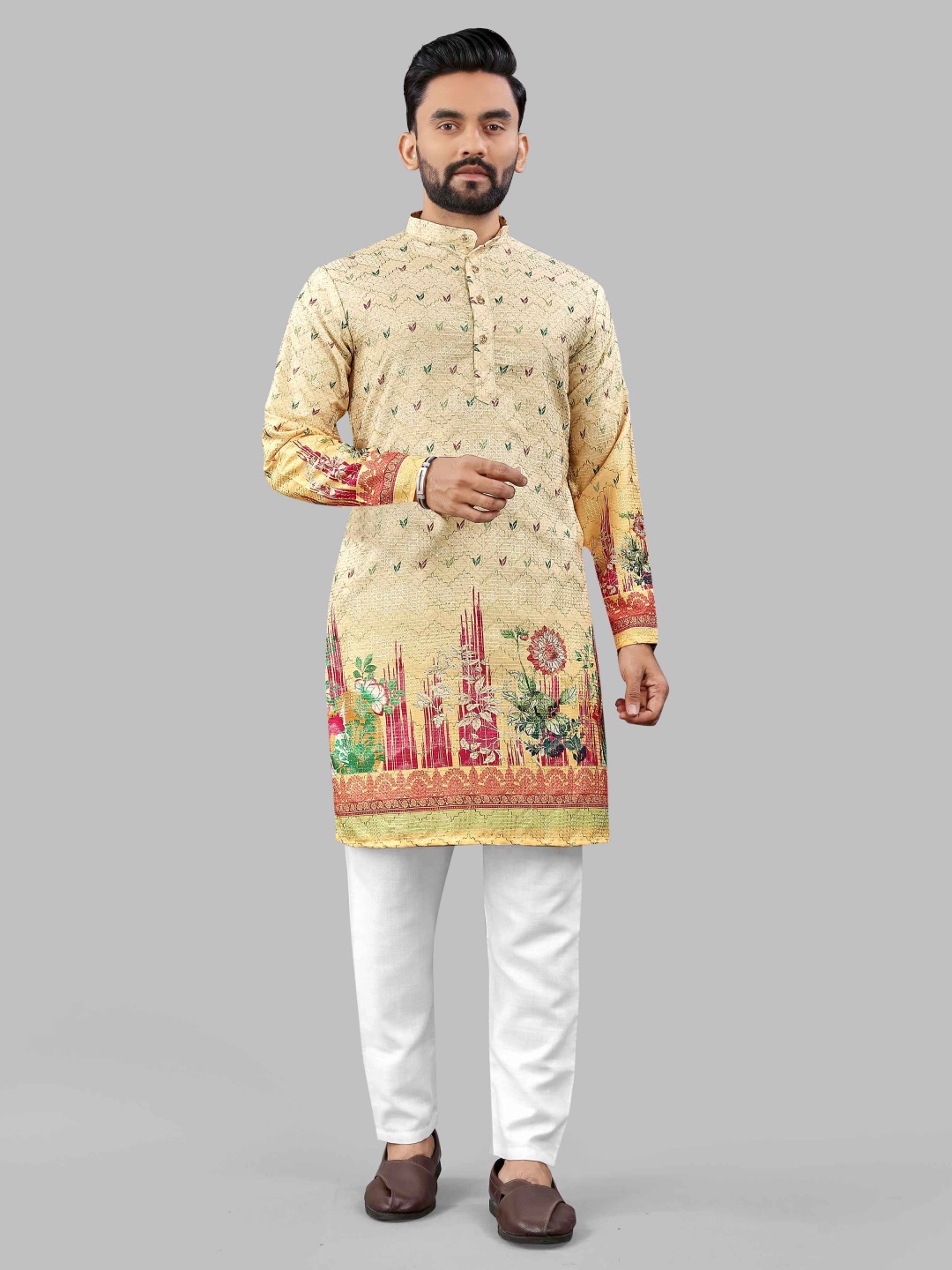 

LADY BERRY Men Floral Printed Sequinned Shadow Work Kurta, Yellow