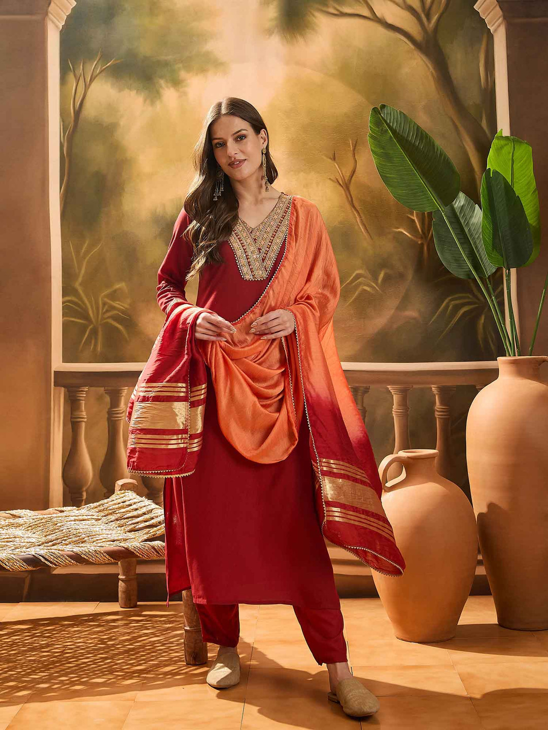 

Sangria Women's Solid & Embroidered Rayon Straight Kurta Pant & Dupatta Set, Rust