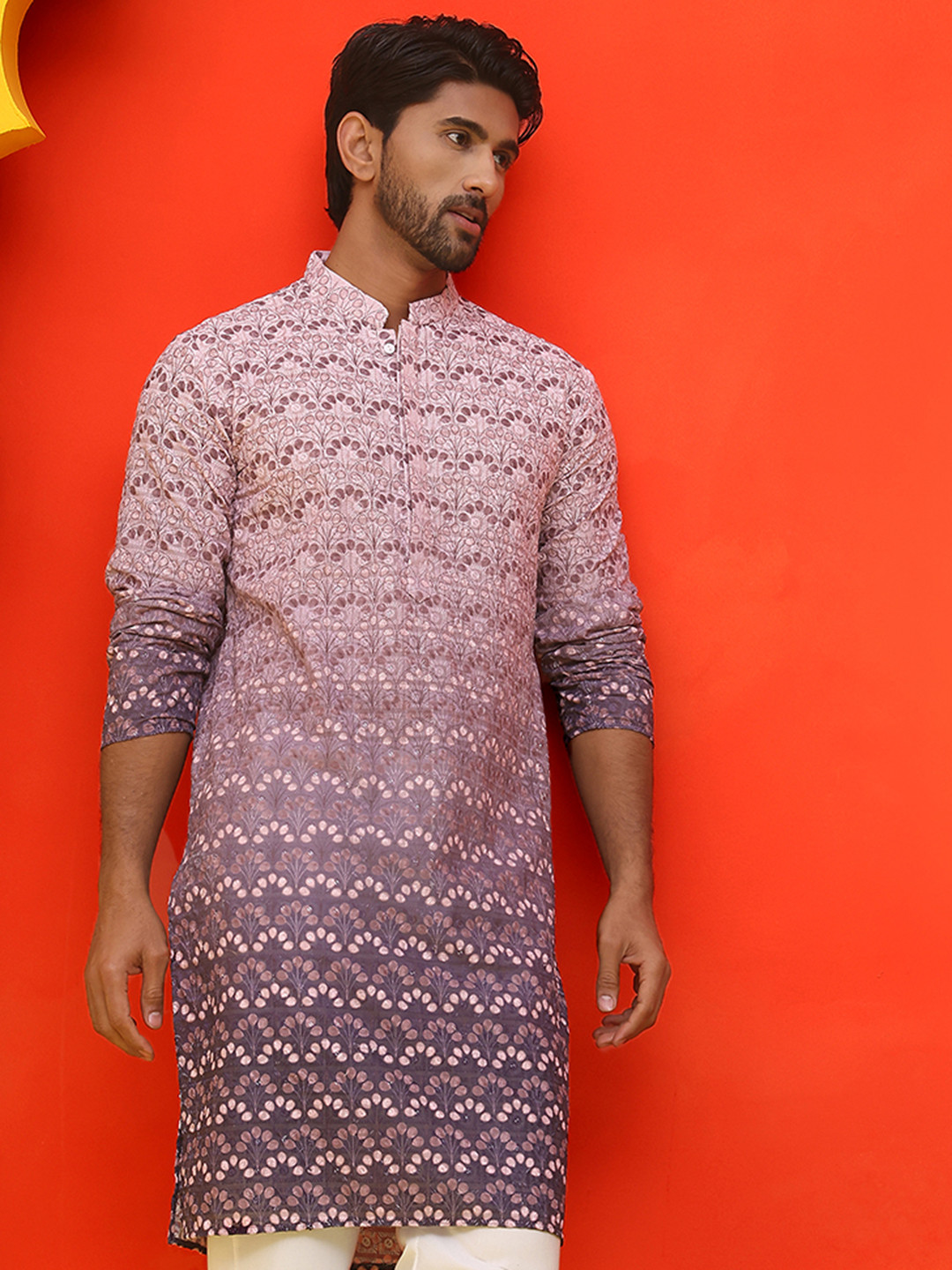 

Jompers Floral Printed Mandarin Collar Long Sleeves Chikankari Straight Kurta, Purple