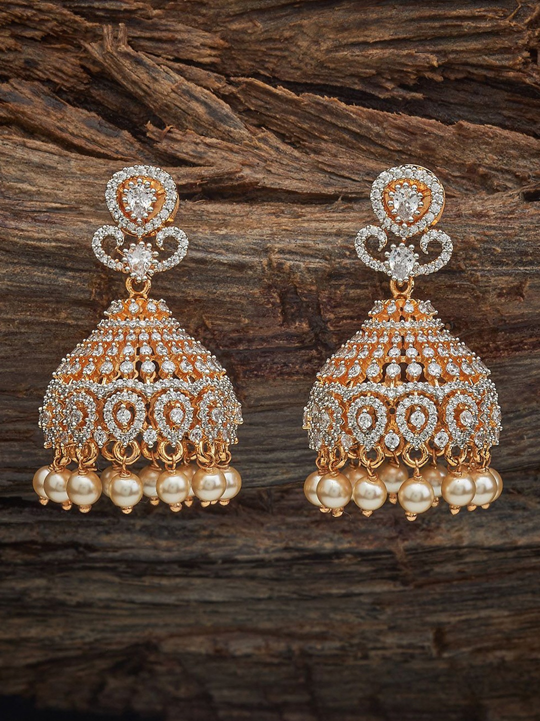 

Kushal's Fashion Jewellery Gold-Plated Dome Shaped Pearl & Zircon Studded Jhumkas