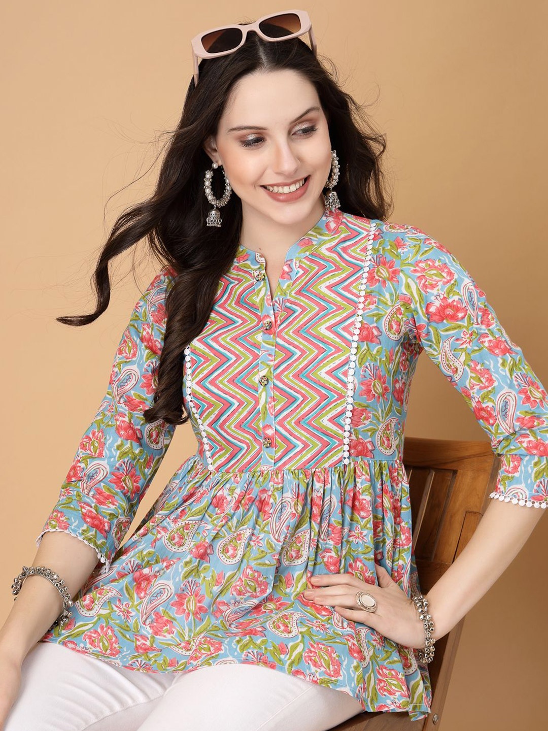 

God Bless Floral Print Mandarin Collar Cotton Peplum Top, Multi