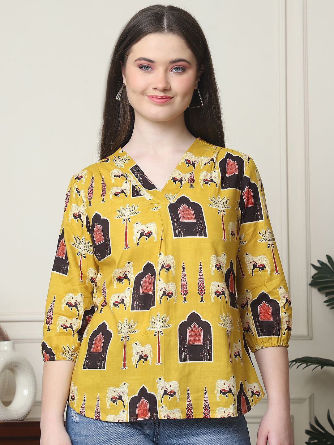 

Frempy Tribal Print Ethnic Organic Cotton Top, Mustard