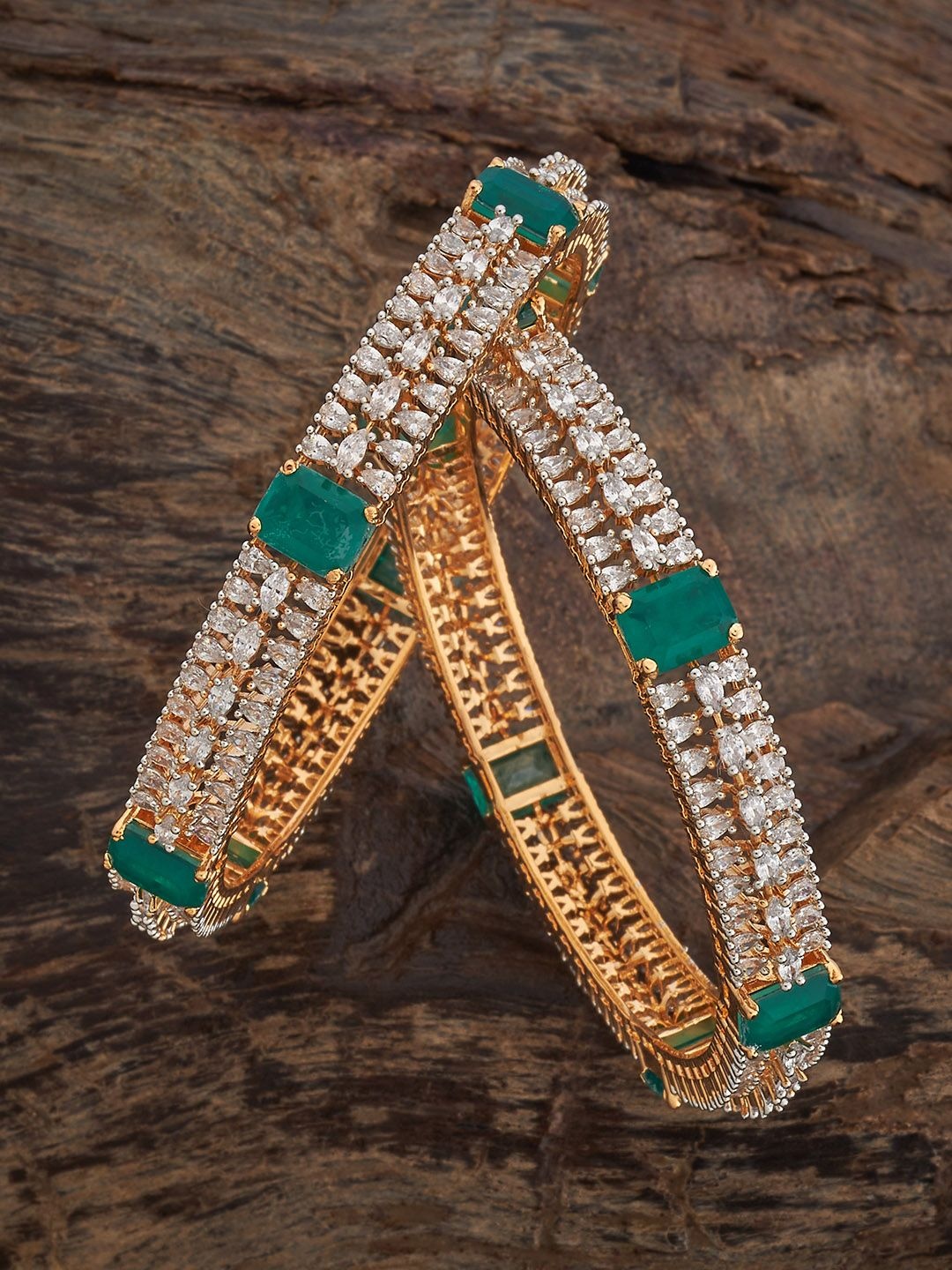 

Kushal's Fashion Jewellery Green Rhodium Set Of 2 Gold-Plated Party Zircon Bangles