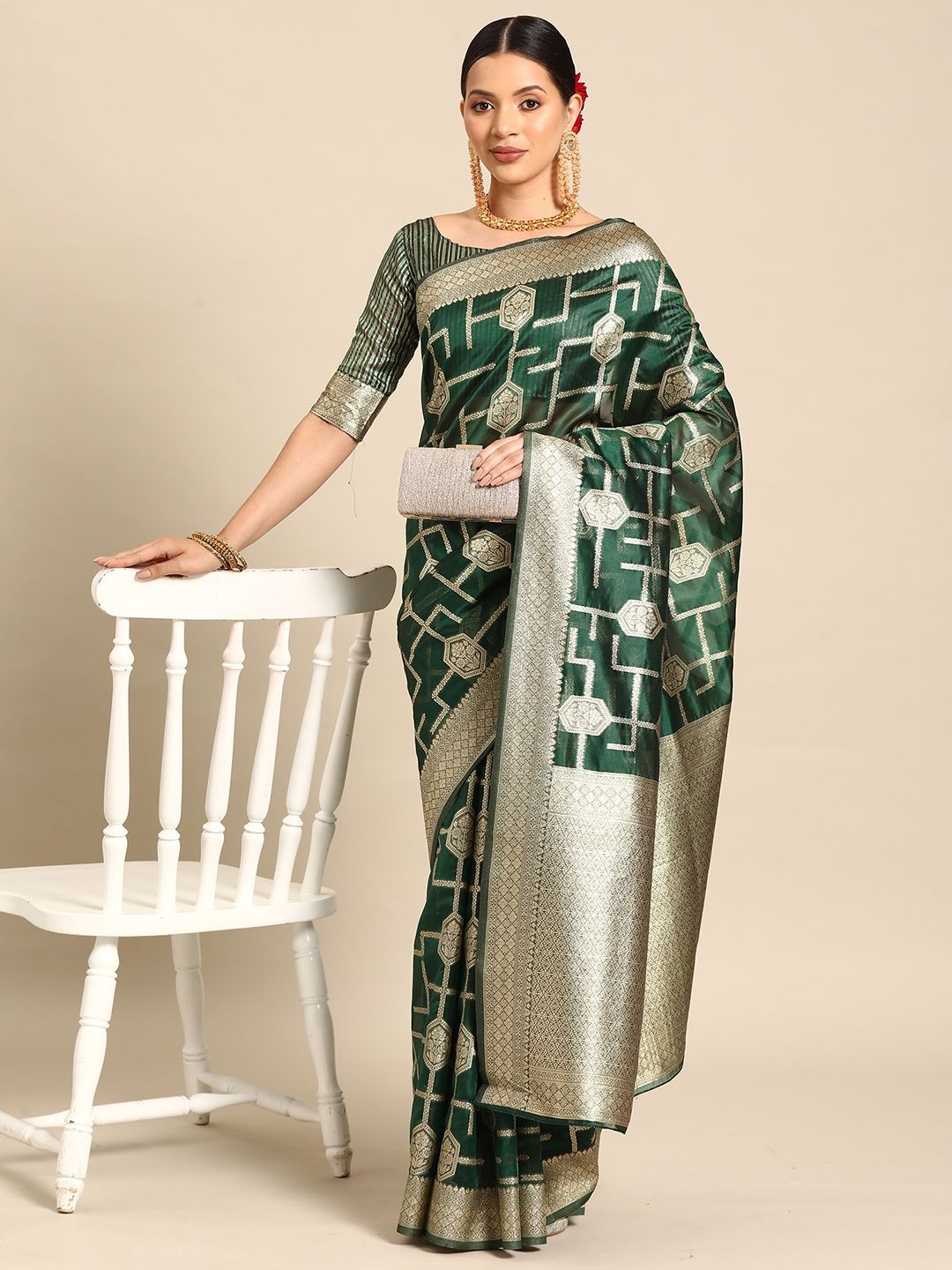

Mitera Ethnic Motifs Zari Organza Banarasi Saree, Green