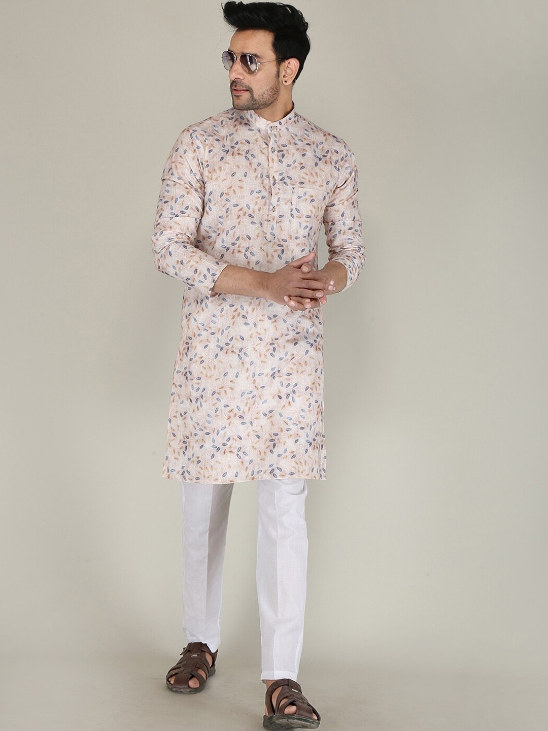 

PulseIQ Floral Printed Cotton Mandarin Collar Straight Kurta, Beige