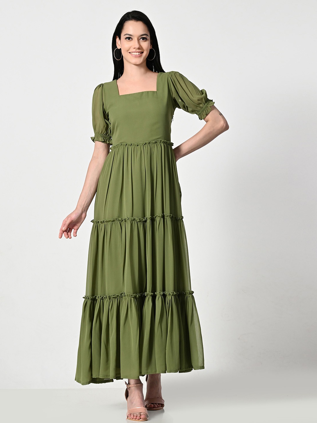 

AMBI Puff Sleeve Georgette A-Line Maxi Dress, Olive