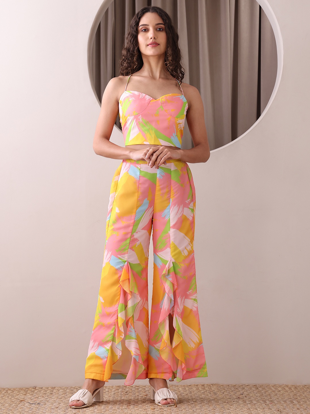 

PURVAJA Printed Shoulder Straps Top With Palazzos Co-Ords, Yellow