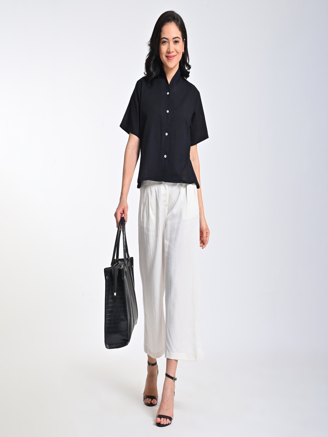 

Saltpetre Wrap Collar Organic Cotton Top With Trousers Co-Ords, Black