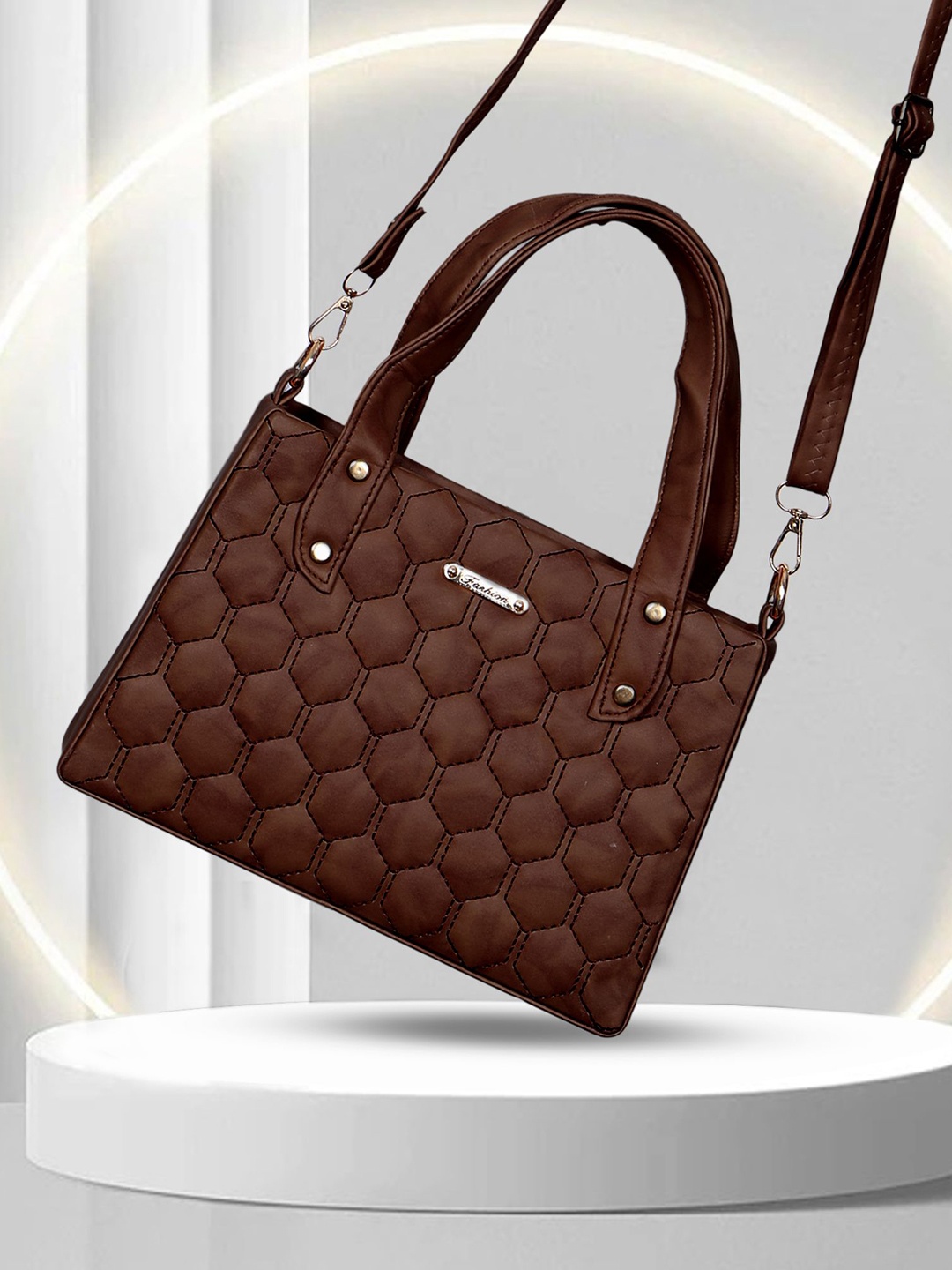 

LADY QUINTON Embellished PU Structured Handheld Bag with Quilted, Brown