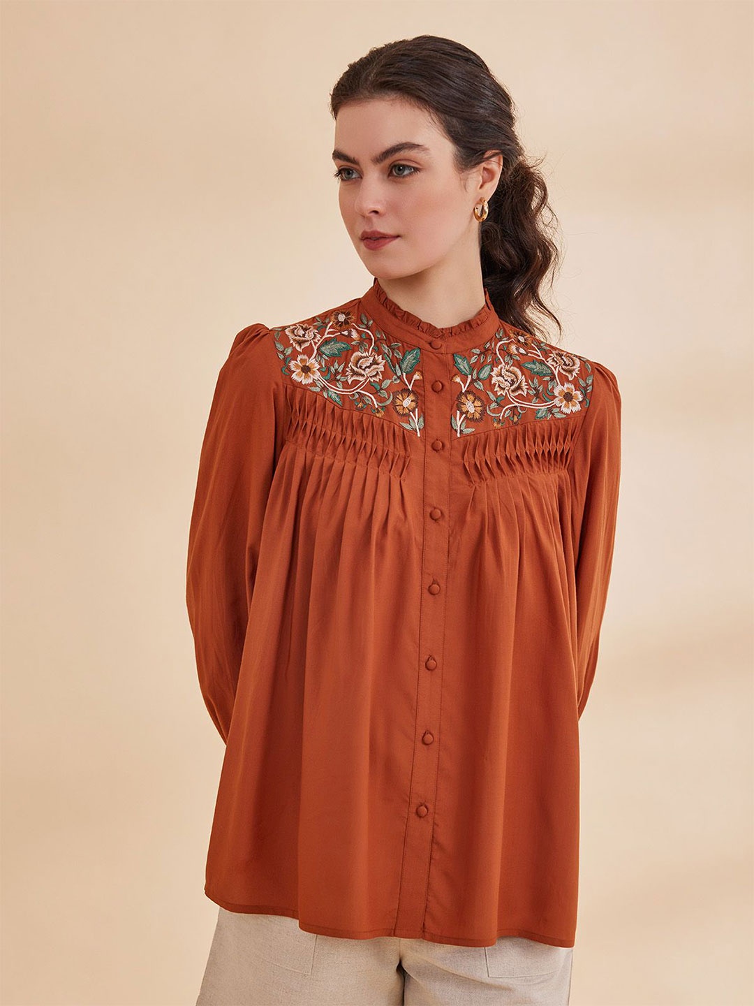 

B77 Floral Embroidered Bamboo Top, Rust