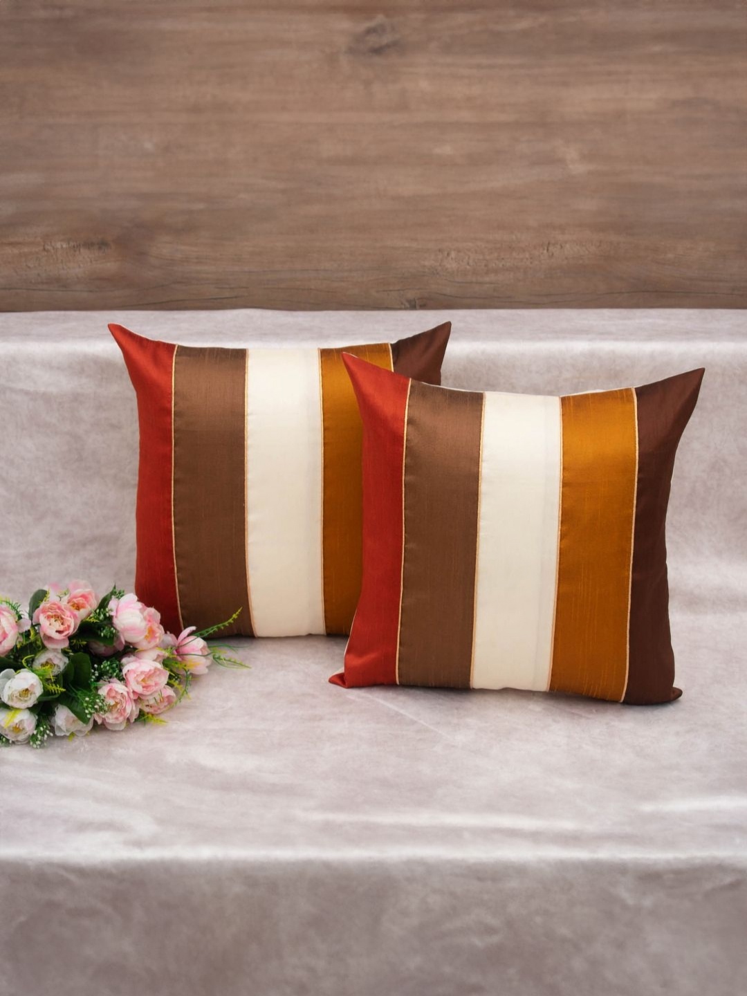 

RoyalDeco Royal Brown & White 2 Pieces Silk Striped Square Cushion Covers