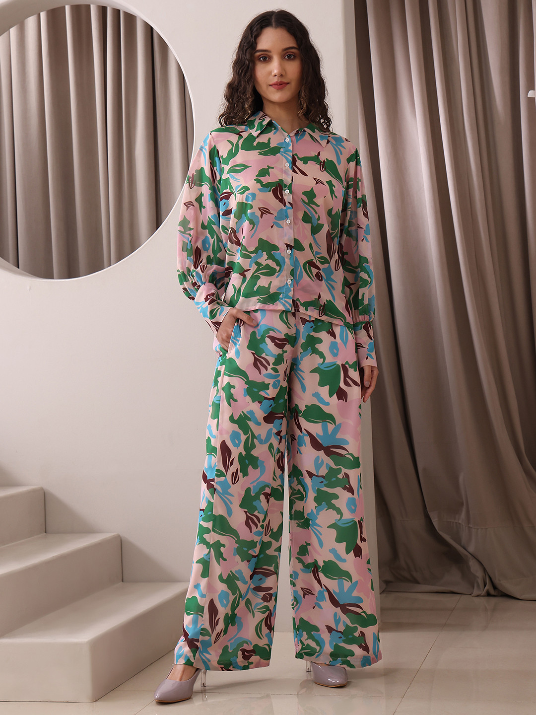 

PURVAJA Abstract Printed Shirt Collar Shirt With Trousers, Green