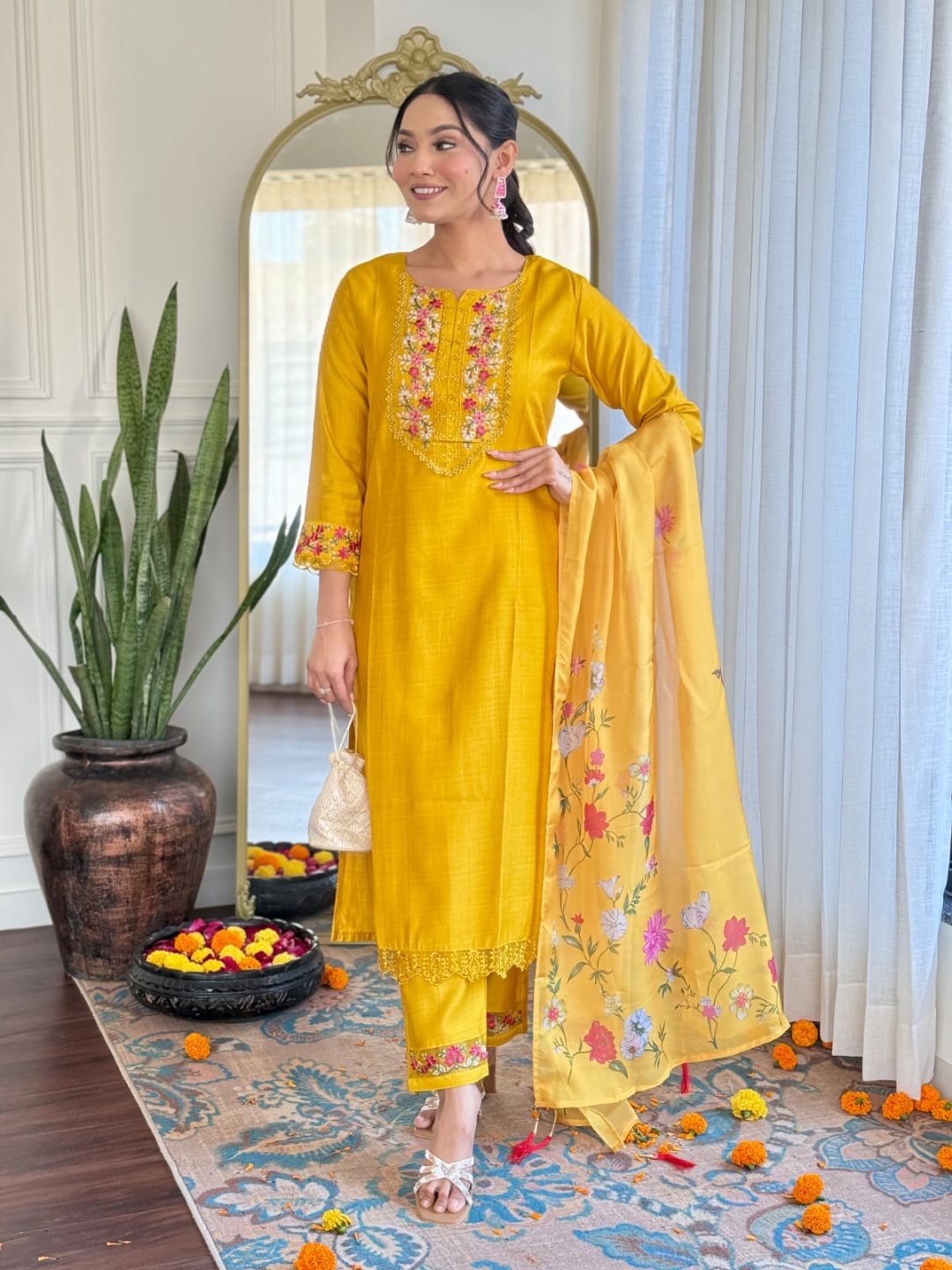 

KALINI Women Floral Embroidered Regular Gotta Patti Kurta with Trousers & With Dupatta, Mustard