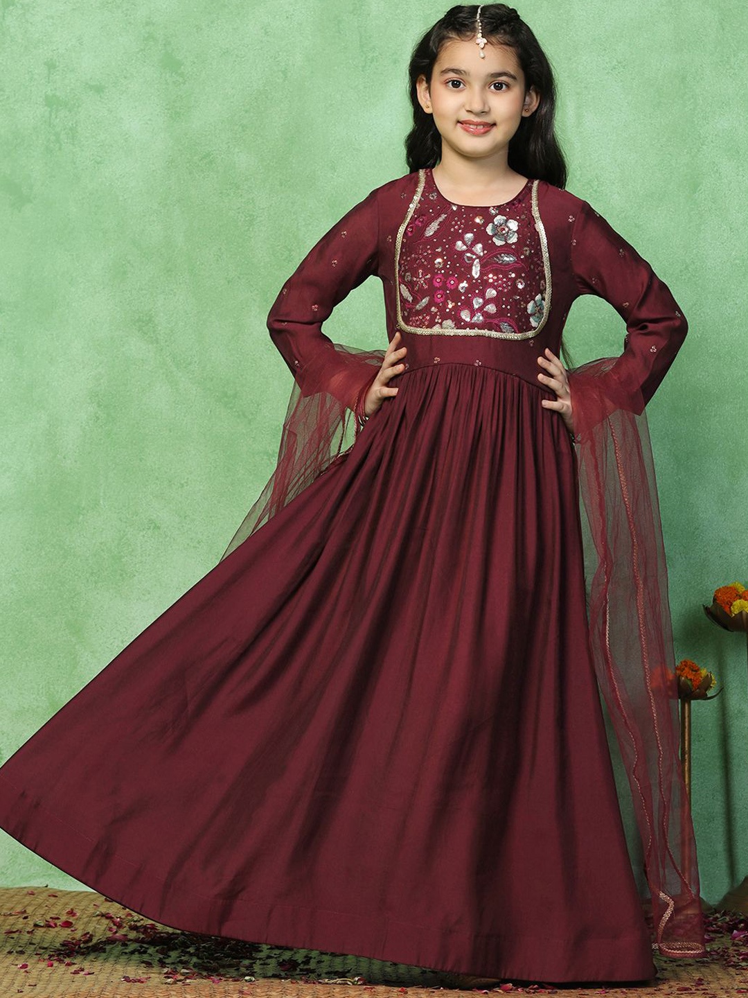 

BAESD Girls Embroidered Flared Maxi Dress With Dupatta, Maroon