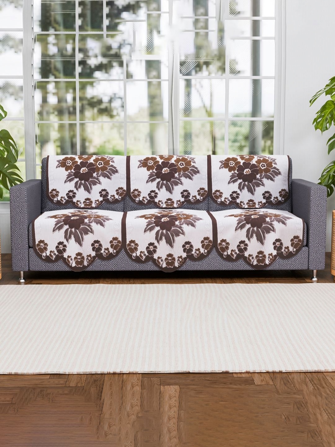 

Aura 6 Pieces White & Brown Floral Printed Cotton Sofa Covers
