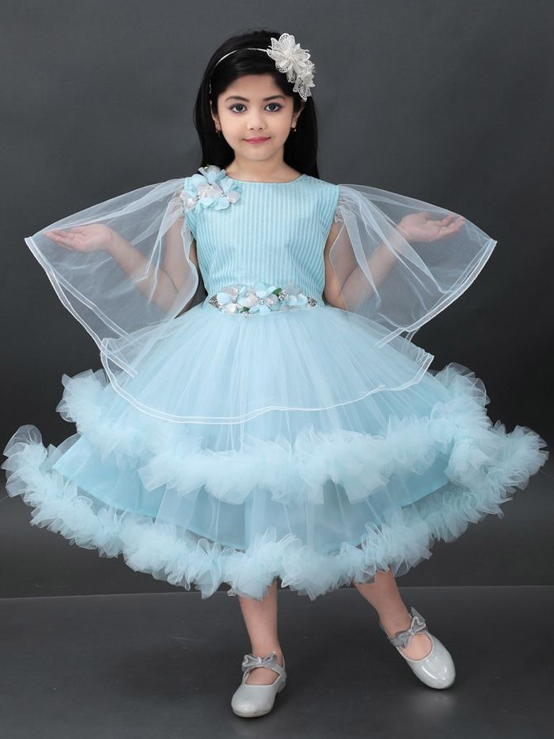 

PRIYANKA'S COLLECTION Cape Sleeve Net Fit & Flare Dress, Turquoise blue
