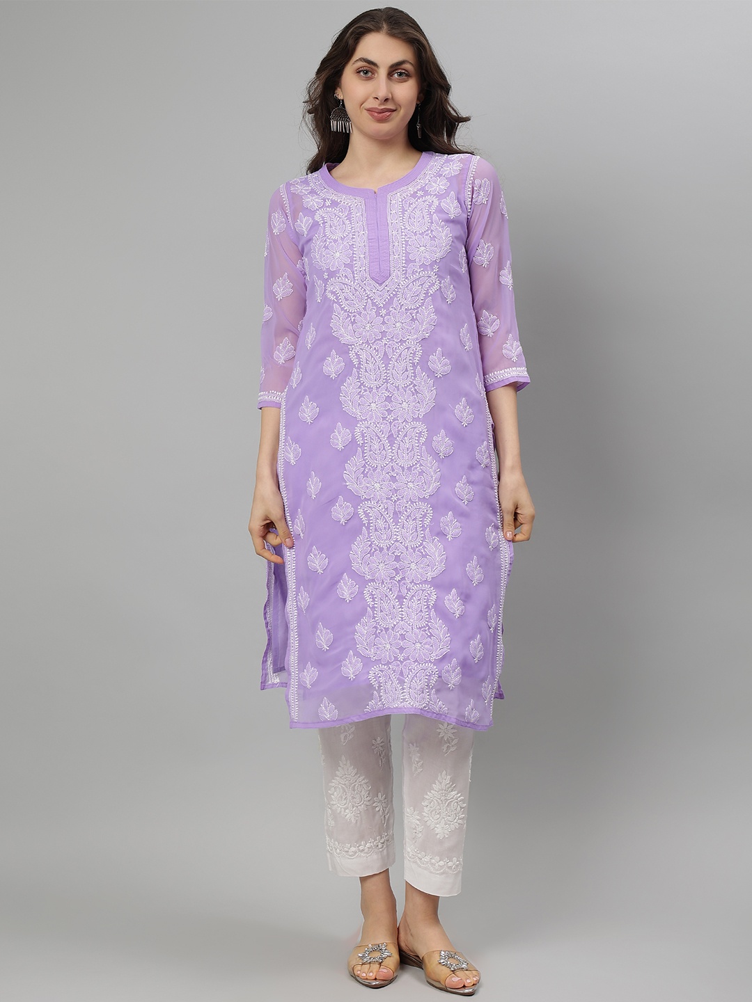 

Seva Chikan Floral Embroidered Notch Neck Georgette Lucknowi Chikankari Straight Kurta, Lavender
