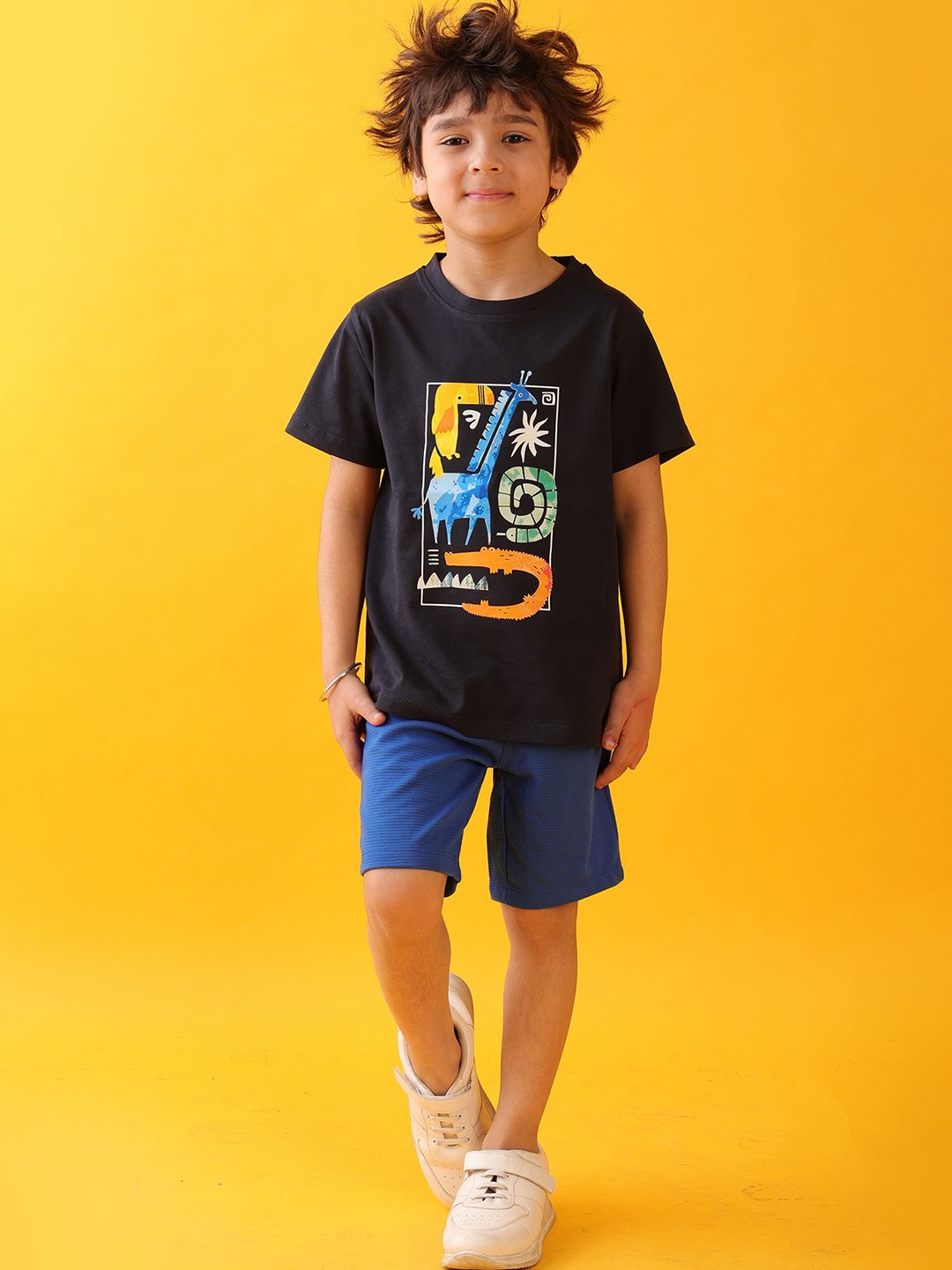 

Anthrilo Boys Dino Printed Round Neck Pure Cotton T-shirt With Shorts, Navy blue