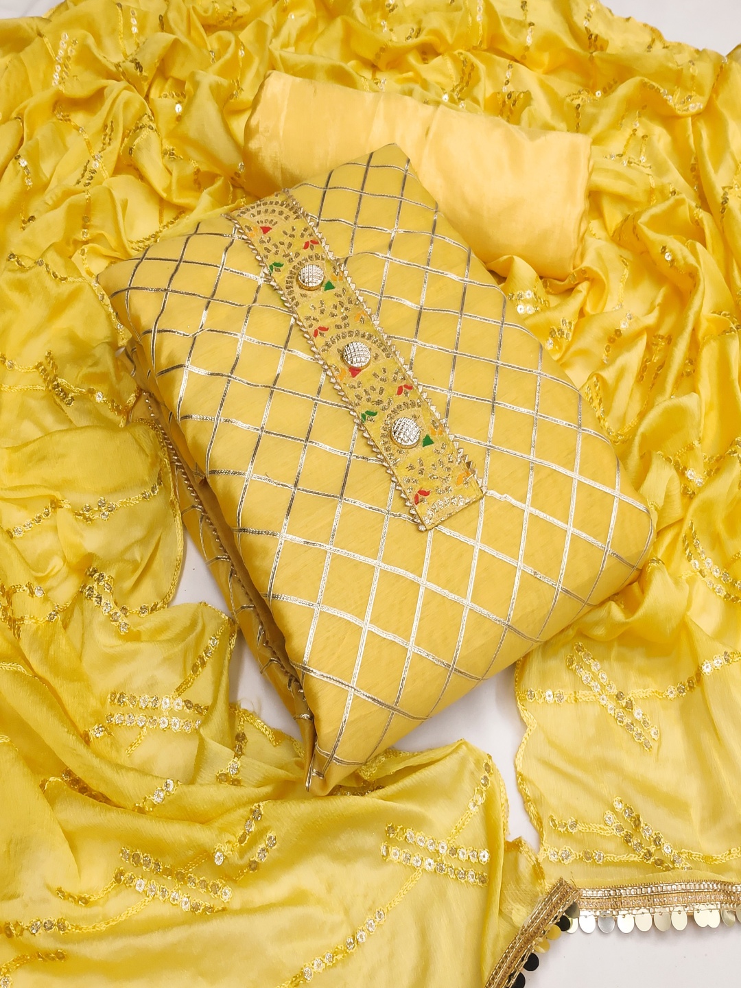 

HERE&NOW Geometric Embroidered Gotta Patti Unstitched Dress Material, Yellow