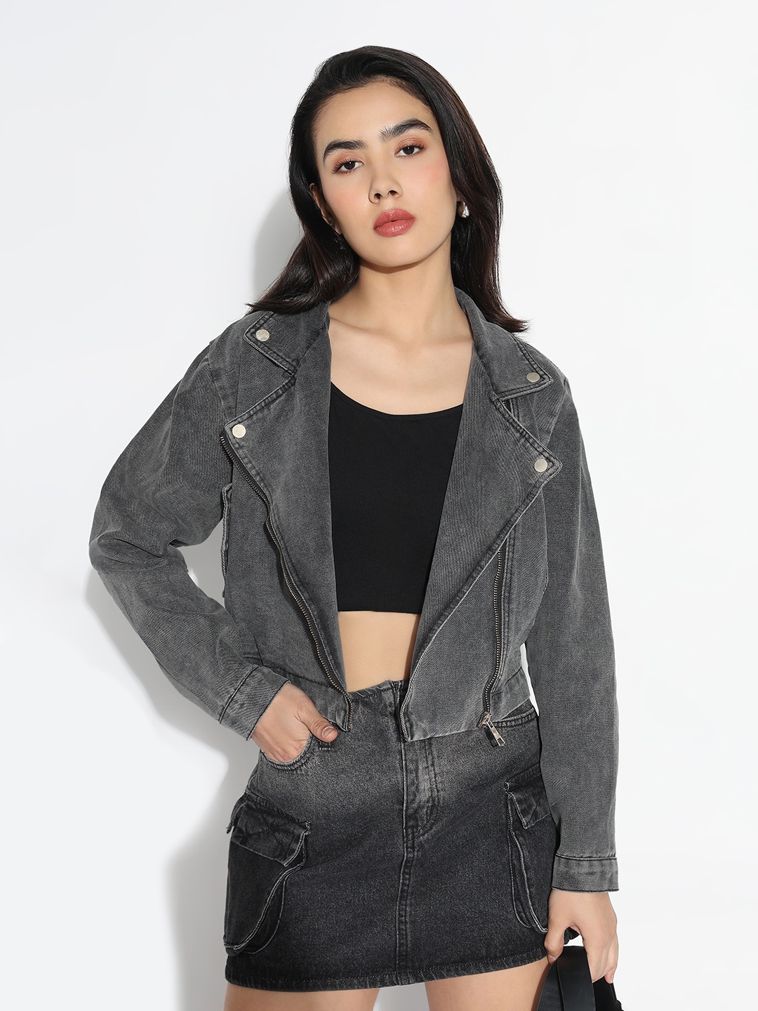 

SHOWOFF Women Windcheater Crop Denim Jacket, Grey