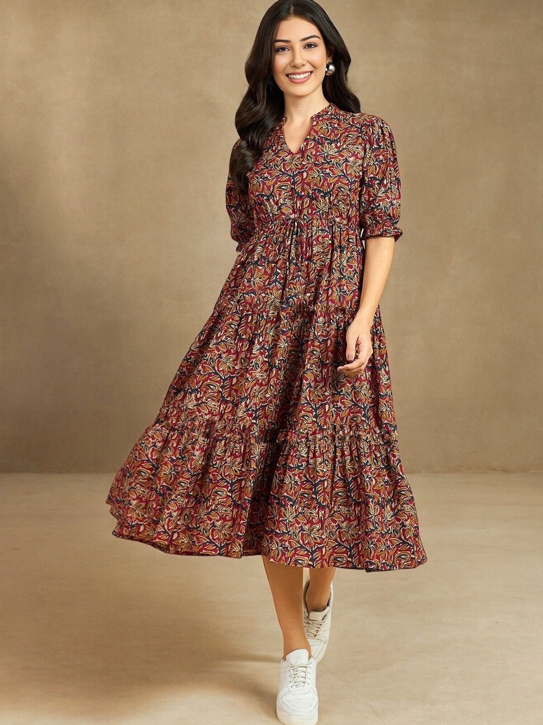 

PRESHA Floral Print A-Line Midi Dress, Maroon