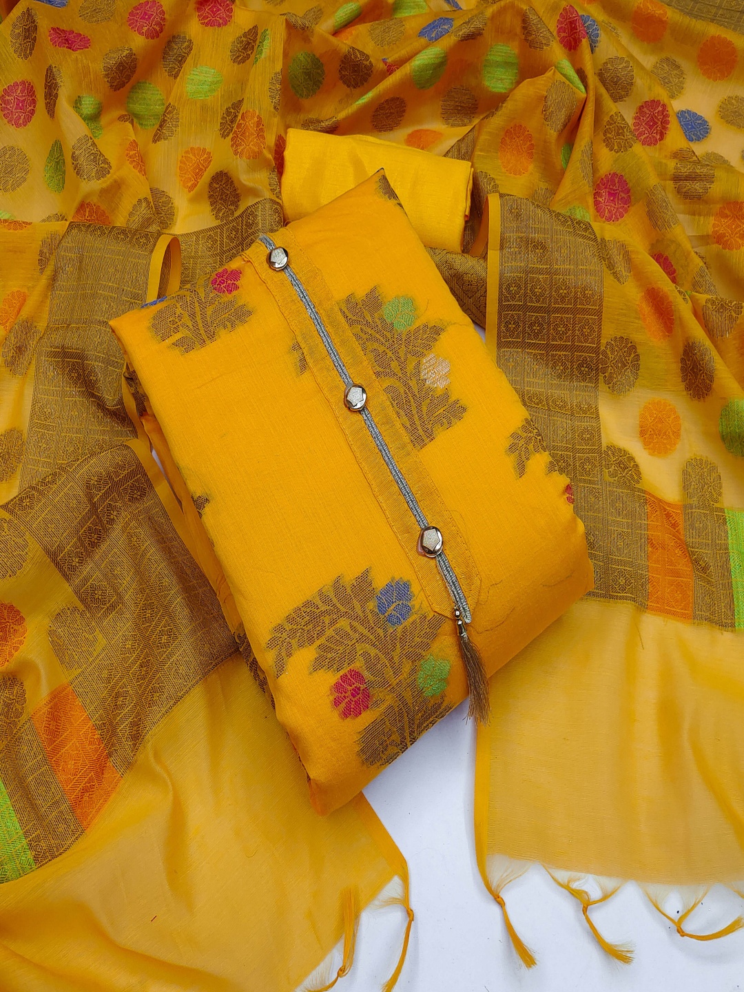 

HERE&NOW Floral Woven Design Zari Work Unstitched Dress Material, Yellow