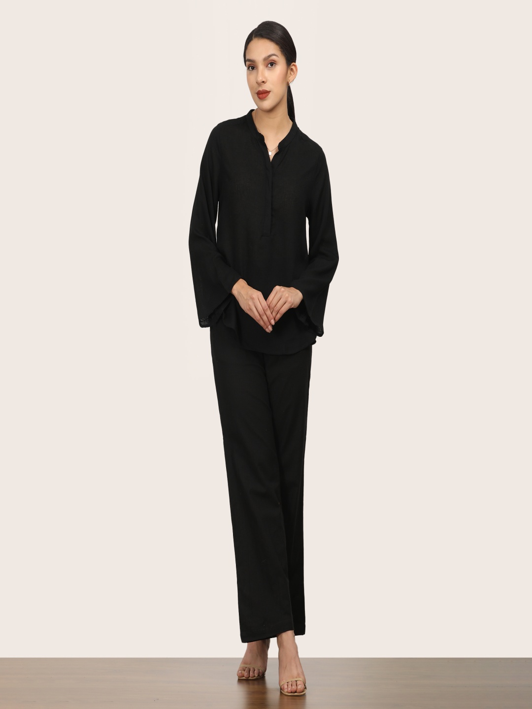 

Saltpetre Bell Sleeves Linen Short Tunic With Pants Co-Ord Set, Black