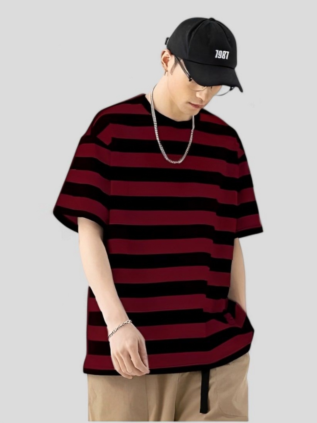 

LAUREN ADAMS Men Striped V-Neck Drop-Shoulder Sleeves Pockets T-shirt, Maroon