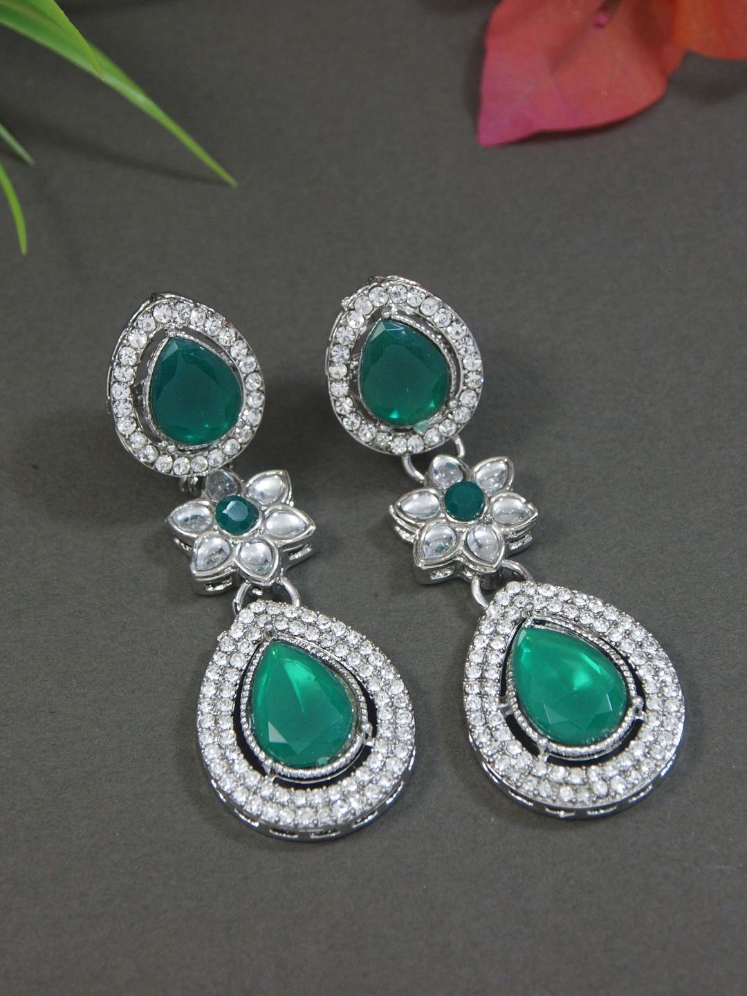

I Jewels Silver-Plated Artificial Stones Studded Teardrop Shaped Drop Earrings