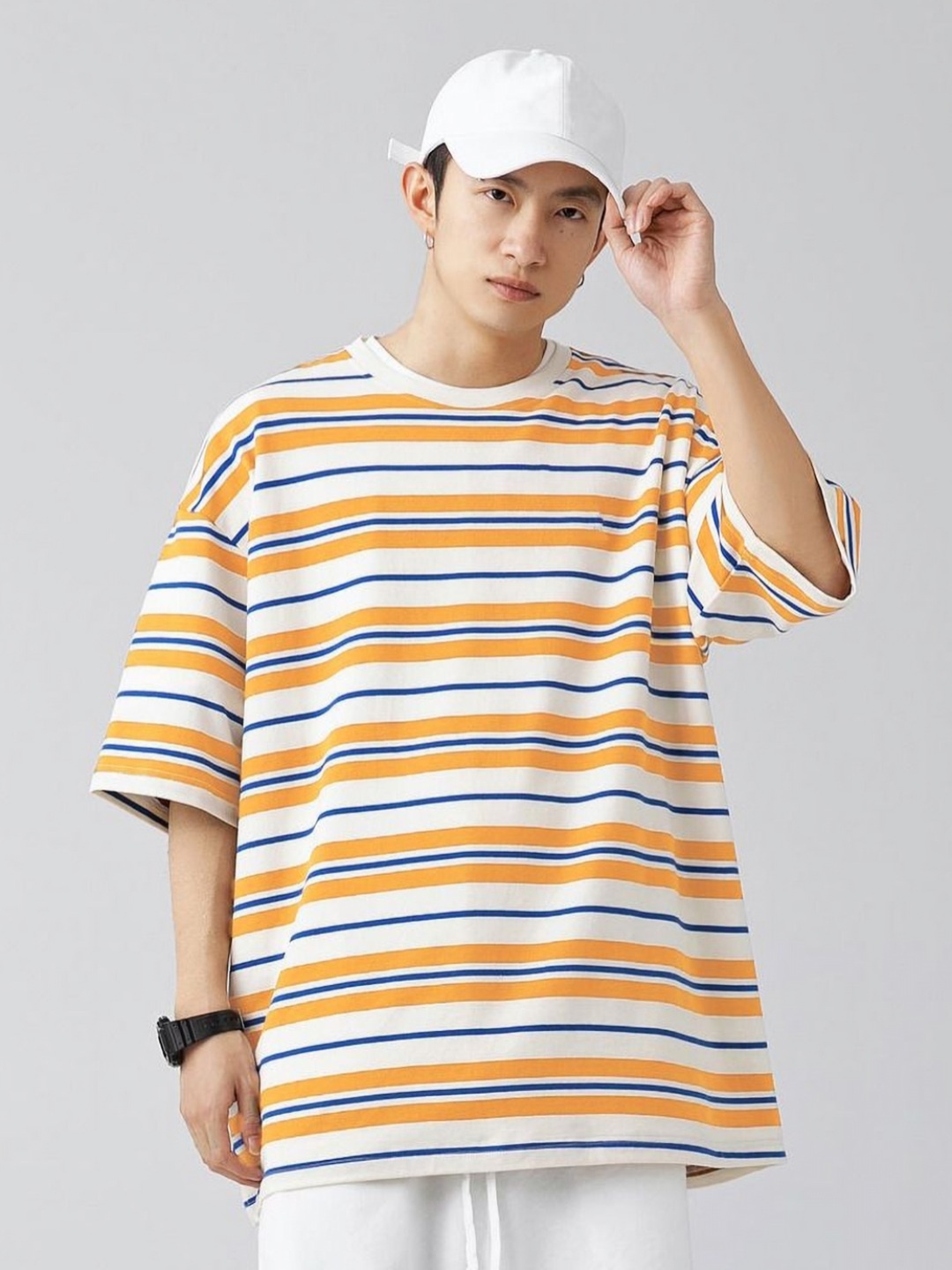 

LAUREN ADAMS Men Striped Drop-Shoulder Sleeves Pockets T-shirt, Multi
