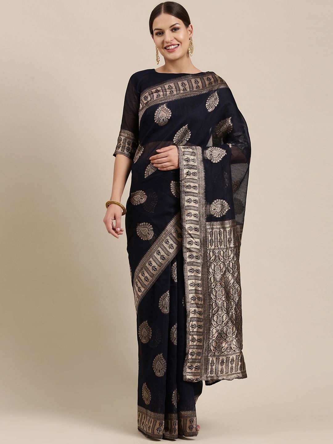 

Mitera Woven Design Zari Linen Blend Banarasi Saree, Navy blue