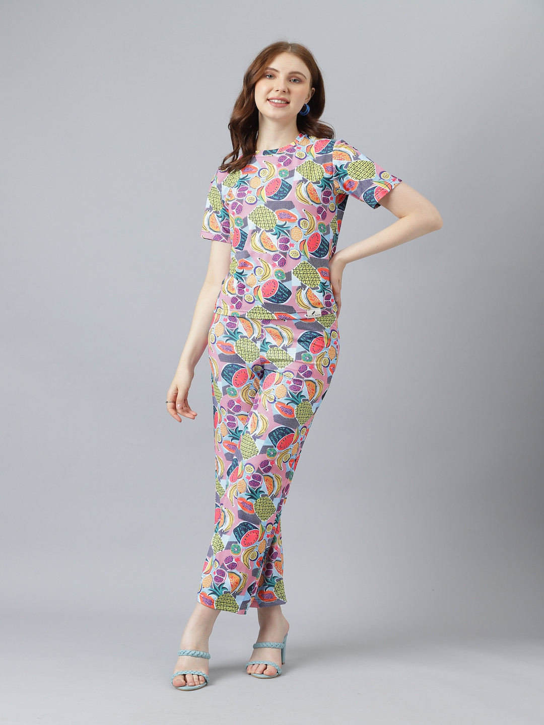 

Attire Empire Printed Round Neck T-Shirt & Trouser, Pink