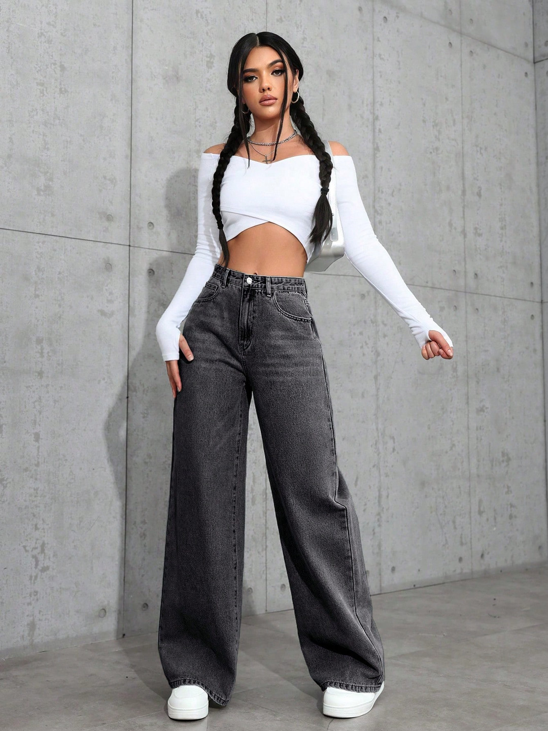 

NU CLOTHS Women Jean Wide Leg High-Rise Light Fade Stretchable Jeans, Grey