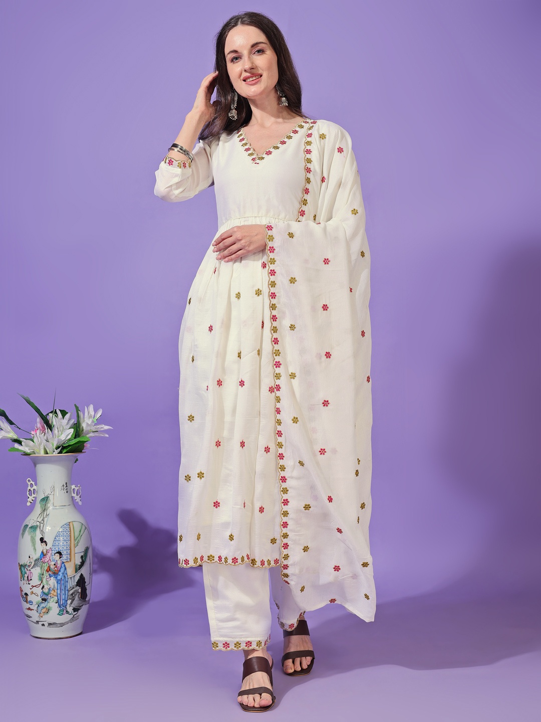 

KALINI Women Ethnic Motifs Embroidered Regular Kurta with Palazzos & With Dupatta, White