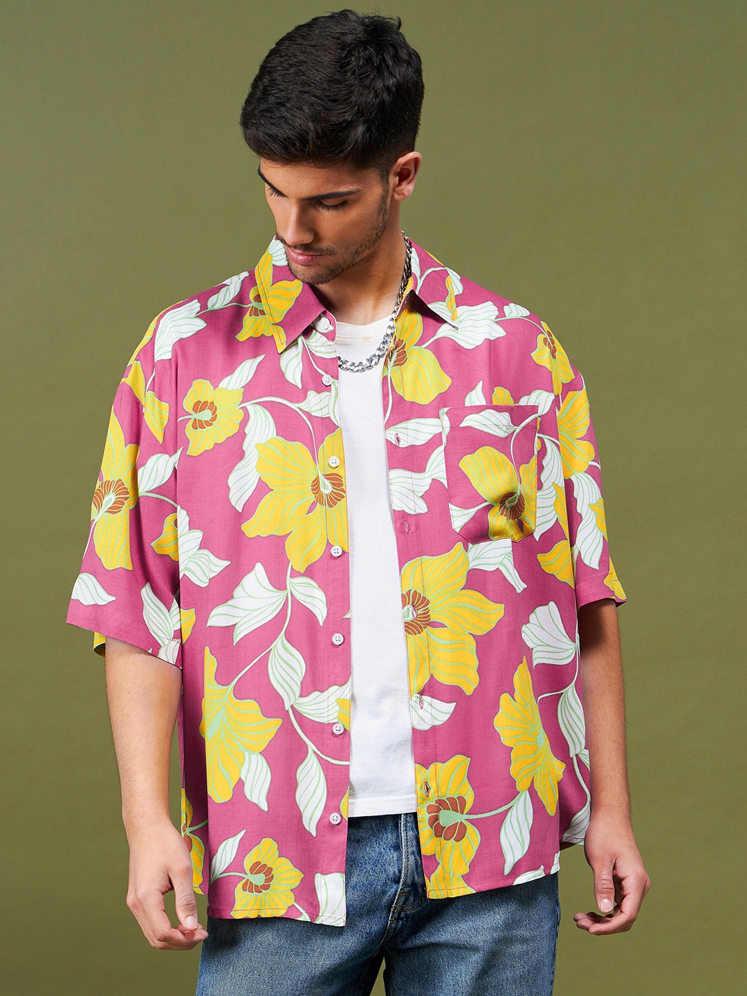

MASCLN SASSAFRAS Men Relaxed Boxy Floral Opaque Printed Casual Shirt, Fuchsia