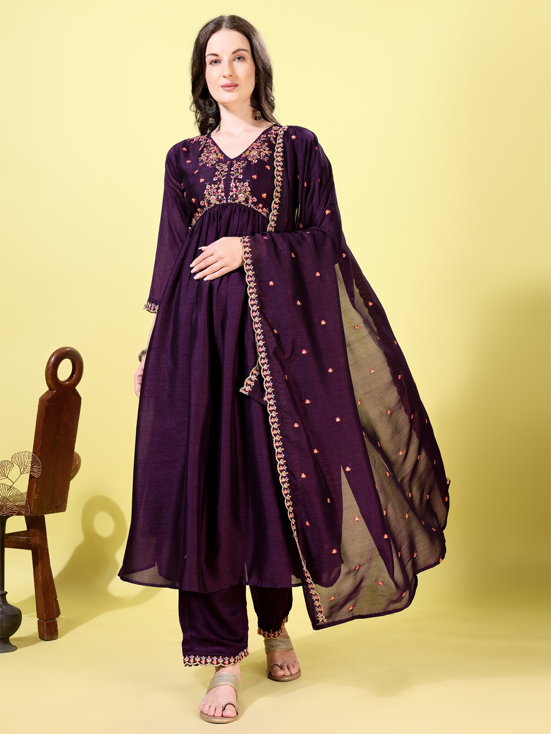 

KALINI Women Ethnic Motifs Embroidered Regular Kurta with Palazzos & With Dupatta, Purple