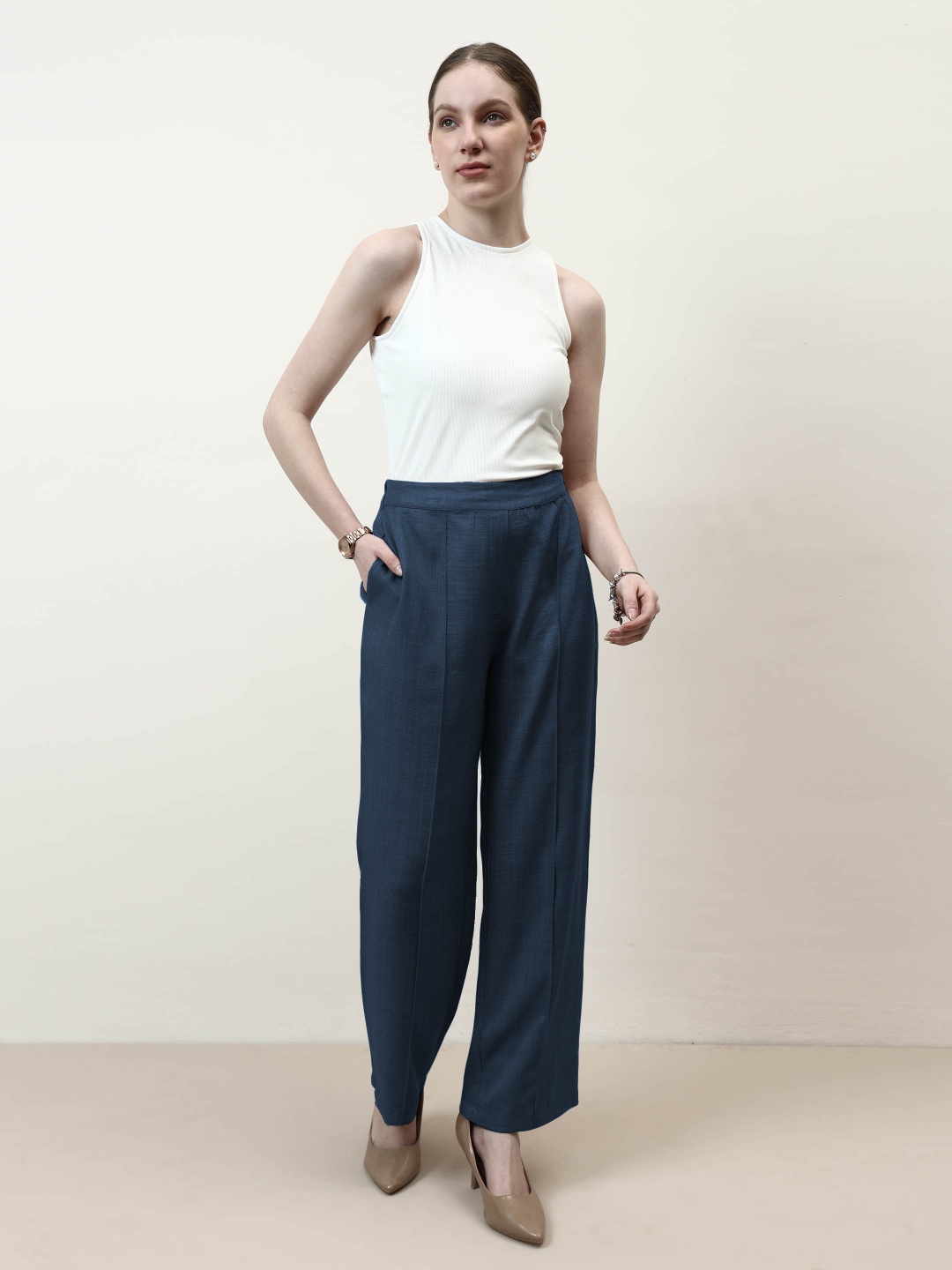 

Athena Immutable Women Relaxed Straight Leg Easy Wash Pleated Trousers, Blue