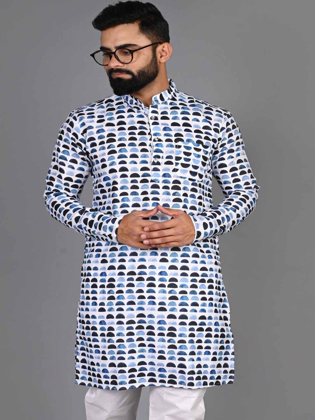

PulseIQ Geometric Printed Band Collar Straight Kurta, Blue