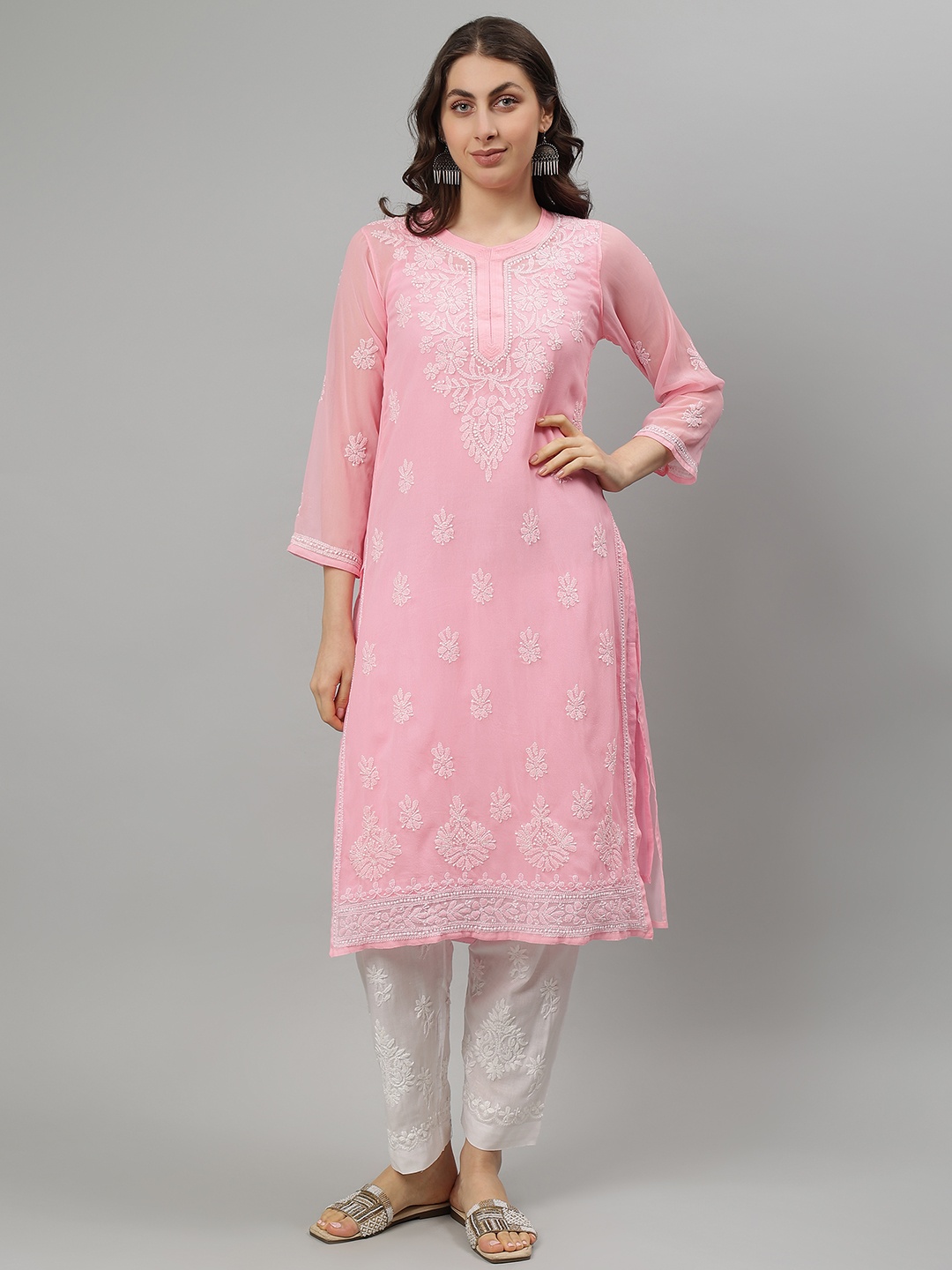 

Seva Chikan Floral Embroidered Notch Neck Georgette Lucknowi Chikankari Straight Kurta, Pink