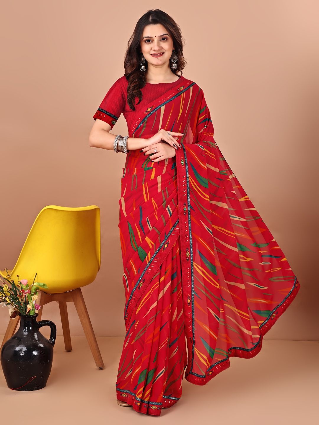 

DIVASTRI Striped Poly Georgette Designer Saree, Red