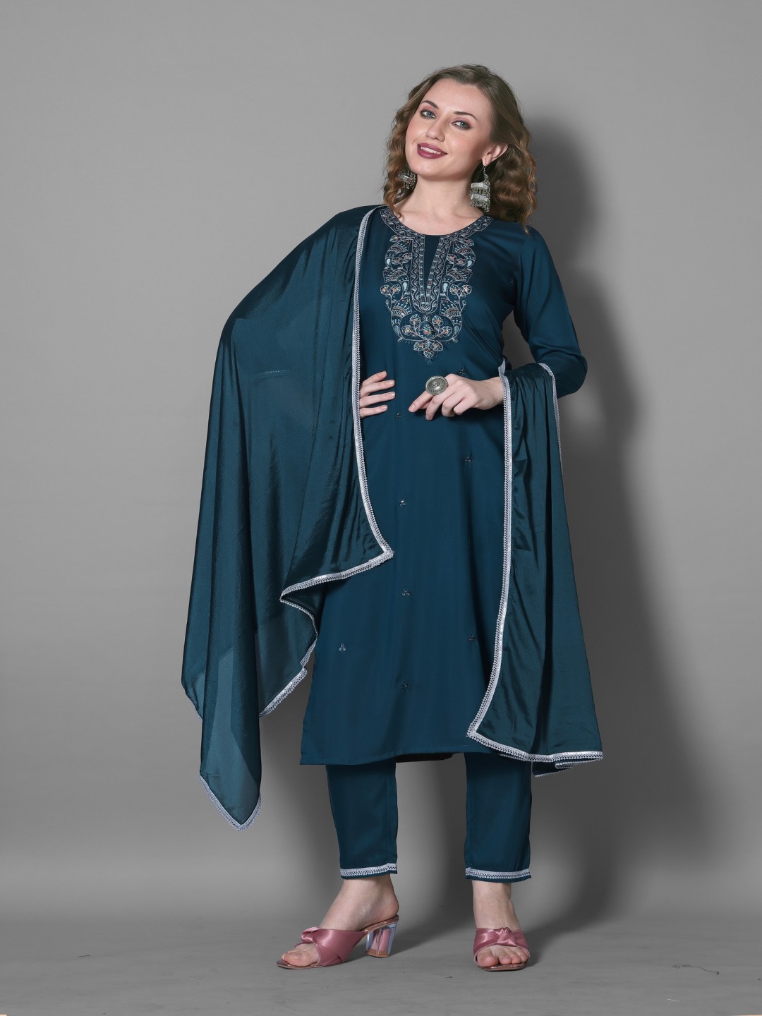 

Fashion FRICKS Women Ethnic Motifs Embroidered Regular Thread Work Kurta with Palazzos & With Dupatta, Turquoise blue