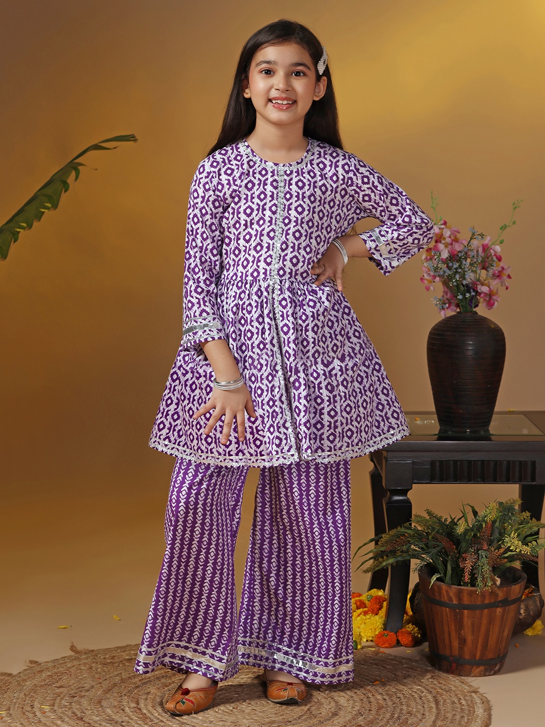 

BAESD Girls Printed Regular Kurta with Palazzos, Purple
